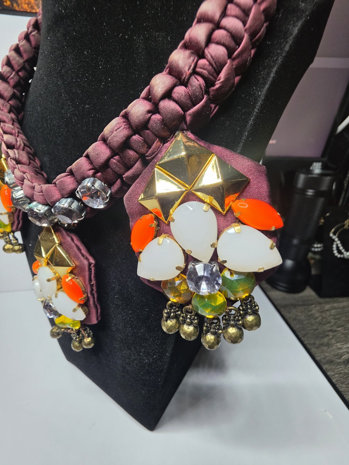 J.CREW Burgundy Satin Rope Statement Necklace Orange White Crystal Bib Signed
