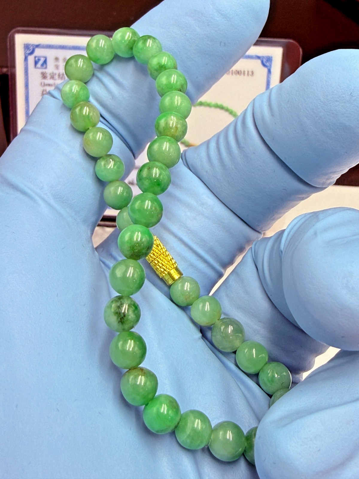 Certified Natural Jadeite Jade Beaded Bracelet Spicy Green 5.5 mm #100113