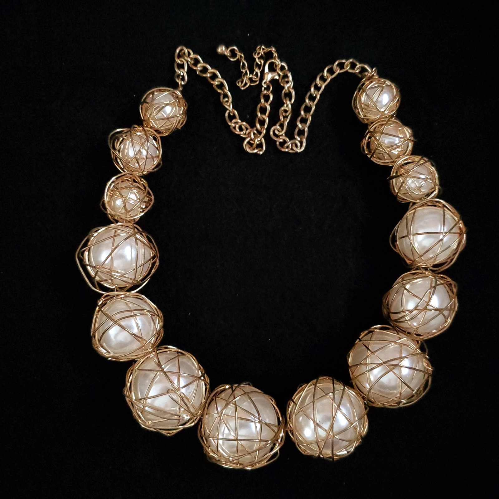 Chunky Statement Necklace Gold Tone Wire Wrap Faux Pearls Runway 23″