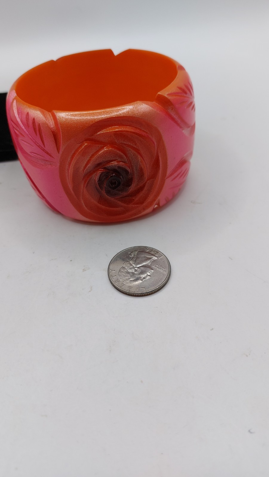 Chunky Carved Bangle Bracelet Roses Leaves Red Pink Orange Coral Shades 2″ Wide