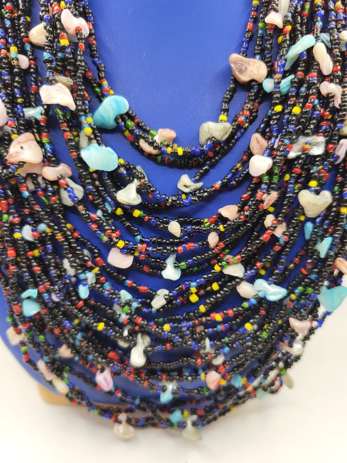 Black Multicolor Multi Strand Seed Bead Shell Bib Necklace Large 30″ Unisex