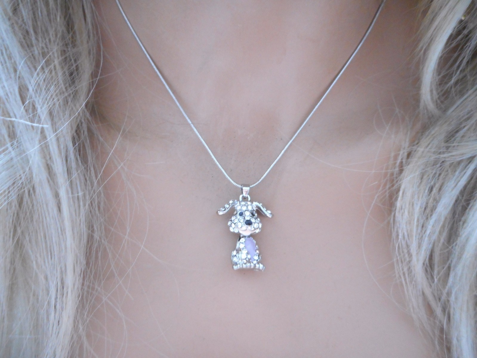 Austrian Crystal Dog Pendant Necklace Women’s Silver Plated Bobble Head New