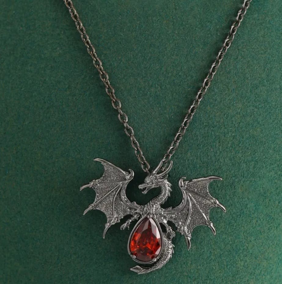 Gothic Dragon Pendant Necklace with Red Gemstone – Fantasy Jewelry Unisex