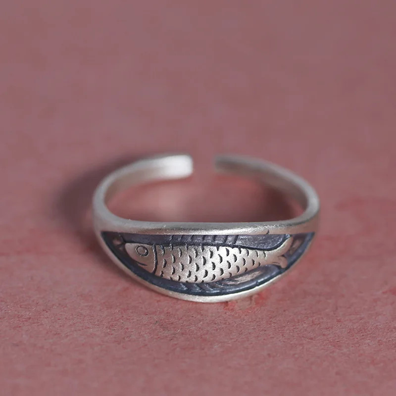 Retro Fish Ring Sterling Silver 925 Geometric Adjustable Open Cocktail Band
