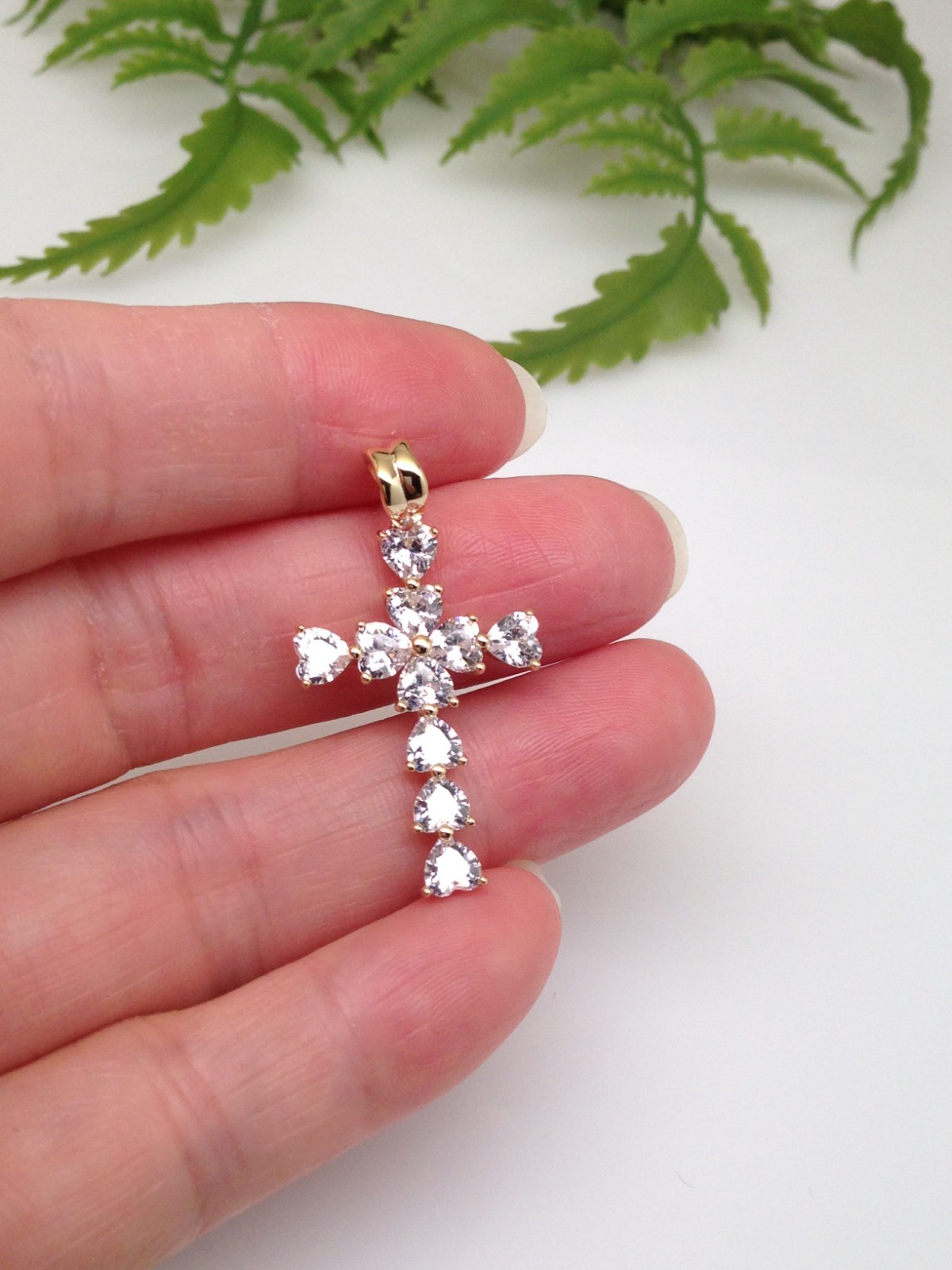 925 Sterling Silver CZ Gold Heart Cross Pendant Women 26mm(1.02″)/33mm(1.3″)
