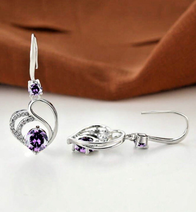 Beautiful Heart Hook Purple Earrings Made With Swarovski Crystal