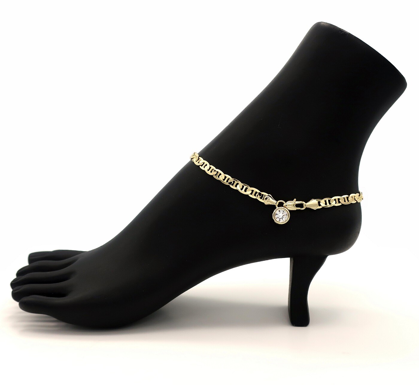 10″ ITALIAN MARINER LINK CHAIN ANKLET CUBIC ZIRCONIA BRACELET 14K GOLD PLATED