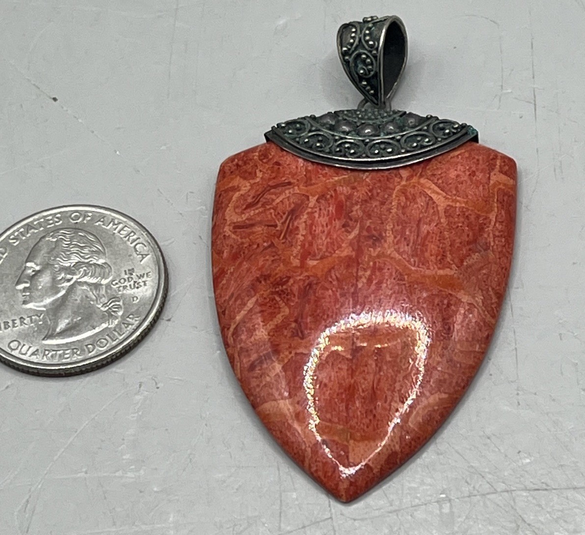 Sponge Coral Pendant Sterling Silver .925 Elegant Red Filigree & Bead Details