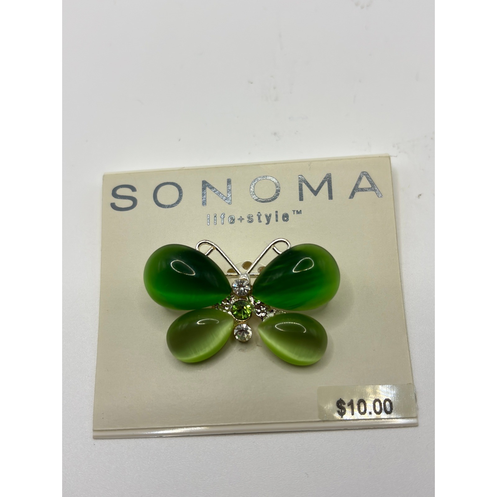 Sonoma Life + Style Green Butterfly Brooch Cat’s Eye Rhinestone Silver Tone New