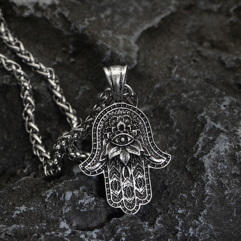 Men Hamsa Hand of Fatima Pendant Necklace Punk Hip Hop Jewelry Braided Chain 24″