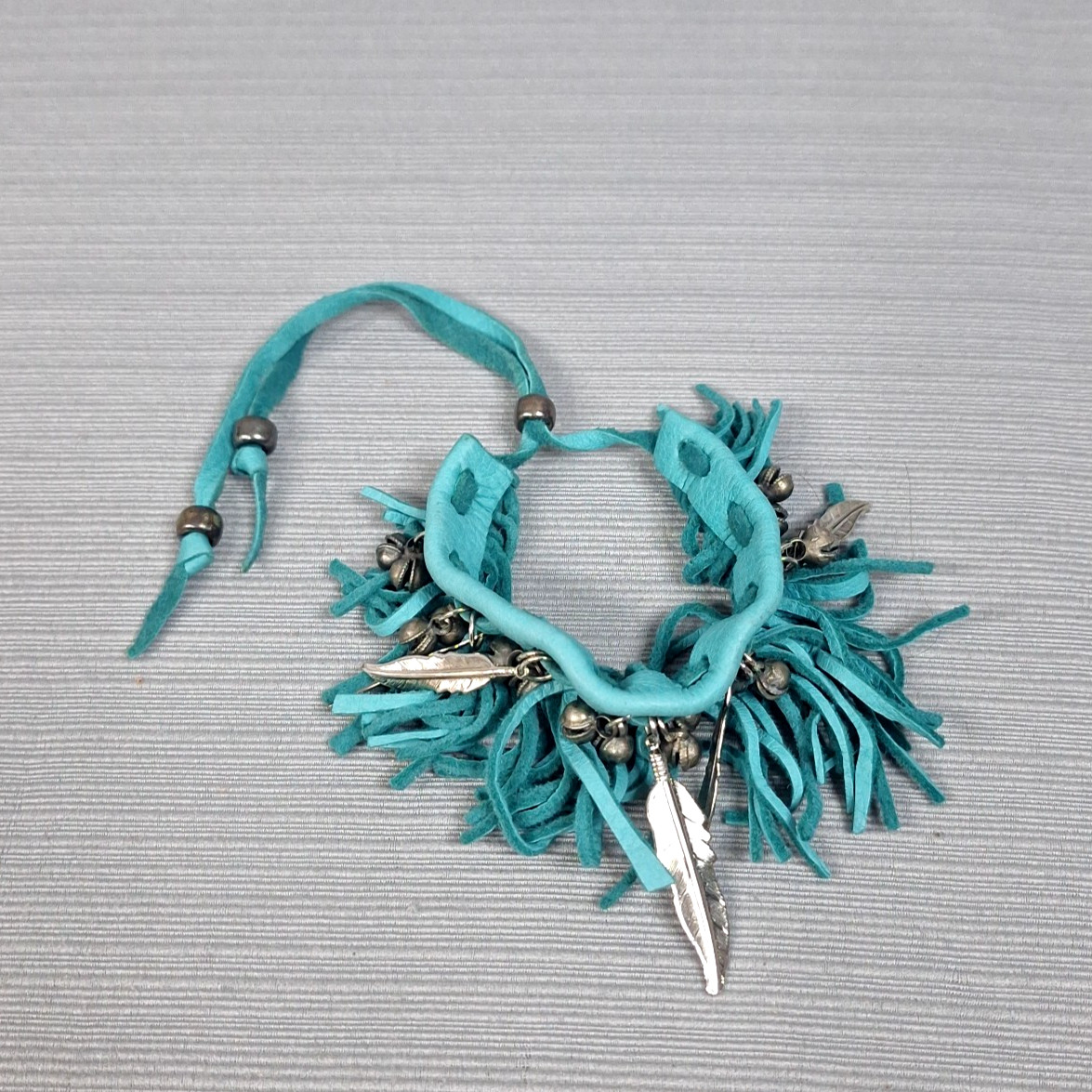 Faux Leather Anklet Blue Green Fringe Cuff Bell Feather Bead Boho Festival