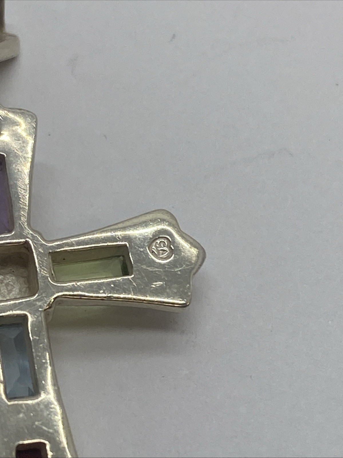 Marcasite Sterling Silver Cross Pendant with Multi Color Baguettes signed SA