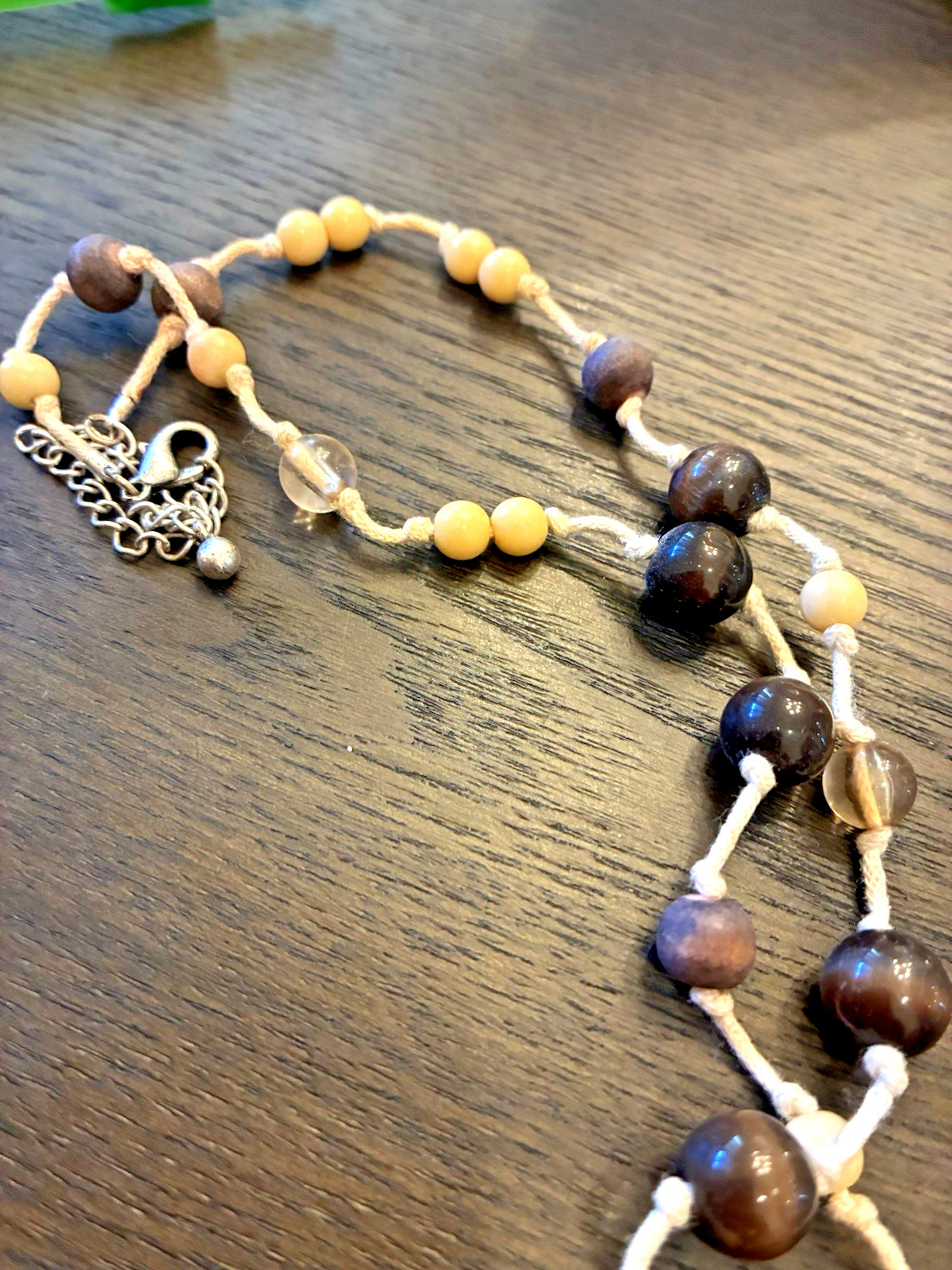 Abalone Shell Pendant Necklace Tiger’s Eye & Wood Brown/Beige Beads 17” Cord YS
