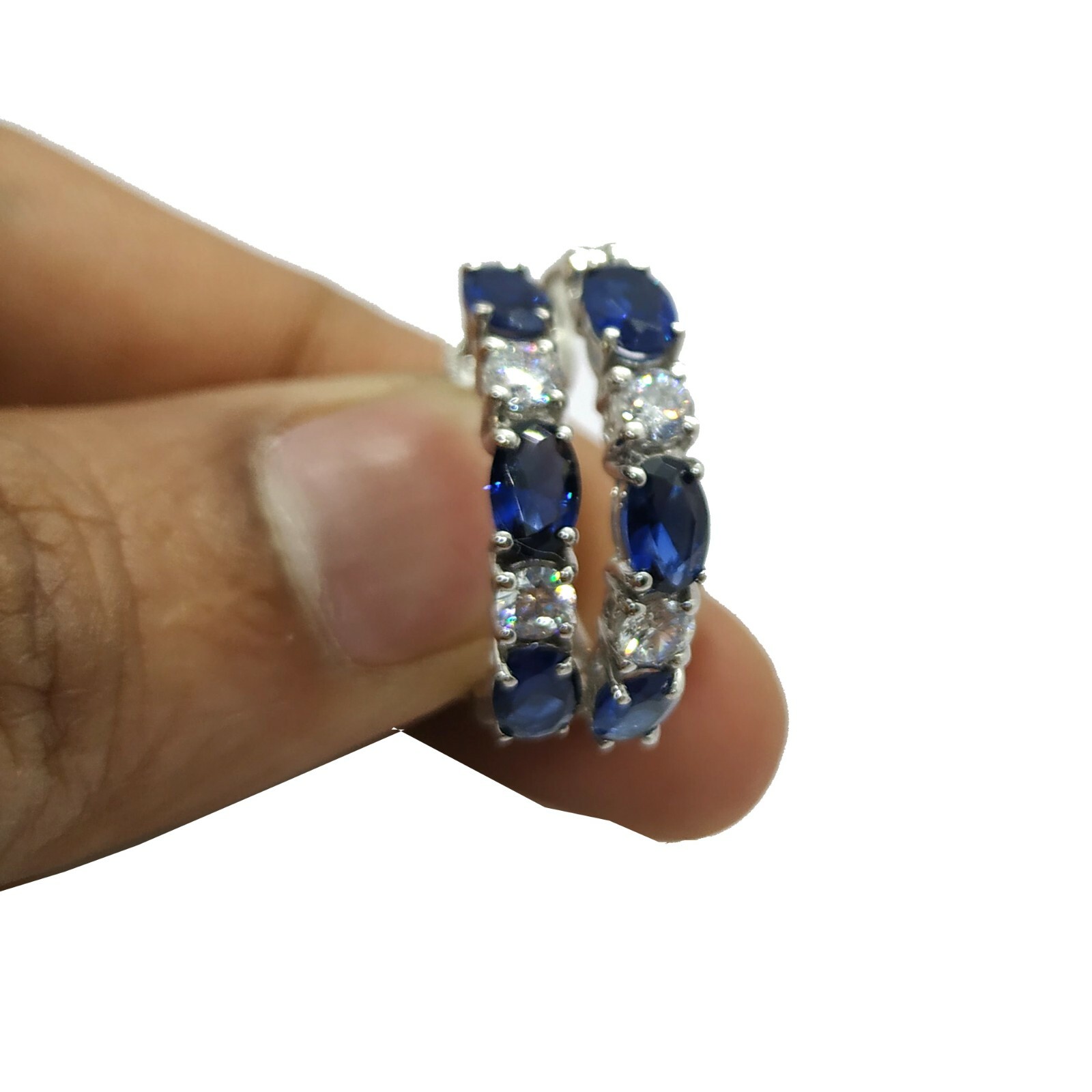 2.10 Ct Simulated Sapphire Hoop Earrings With Cz in 14K White Gold Plated Brass