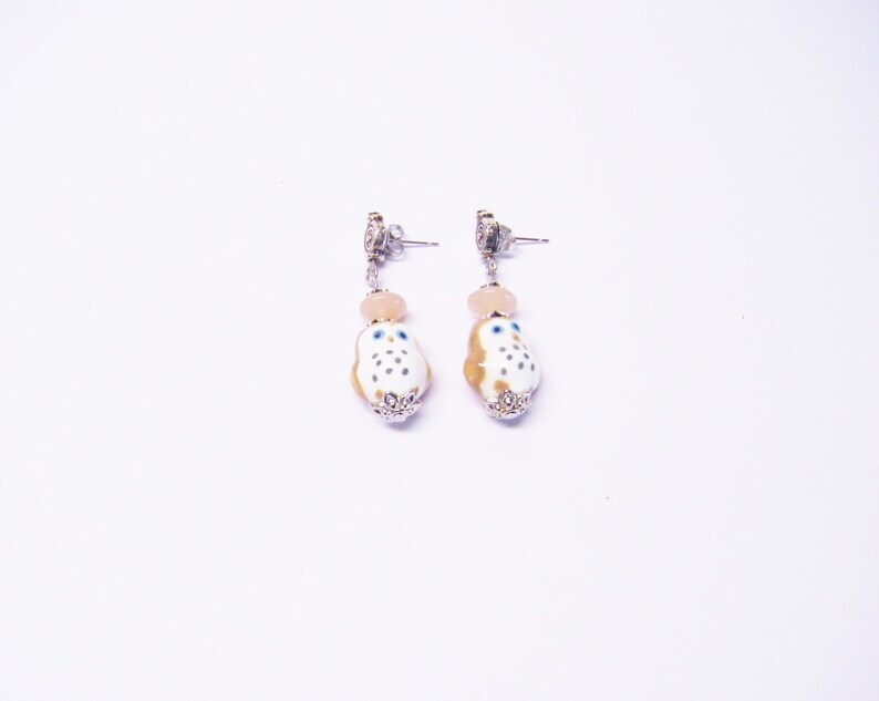 Brown/Cream Ceramic Owl Dangle Earrings