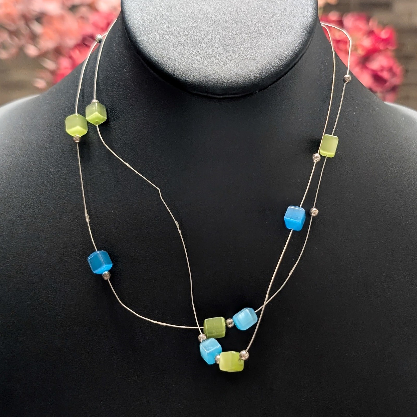 Double Strand Blue & Green Cube Bead Necklace – Fair Condition