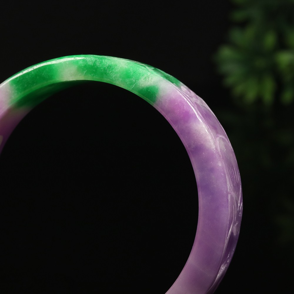 60mm Lavender Purple Green Jadeite Jade Bangle Bracelet Ruyi Flower Bat A-15045