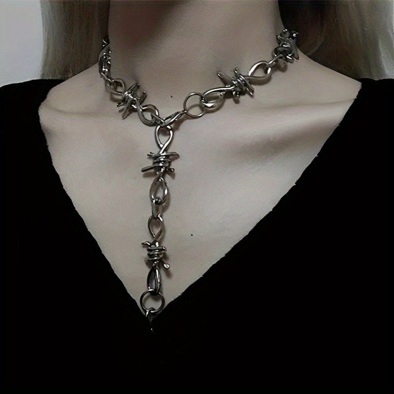 2Pcs/Set Punk Rock Emo Goth Silver Barbed Wire Bramble Chain Choker Necklace 20″