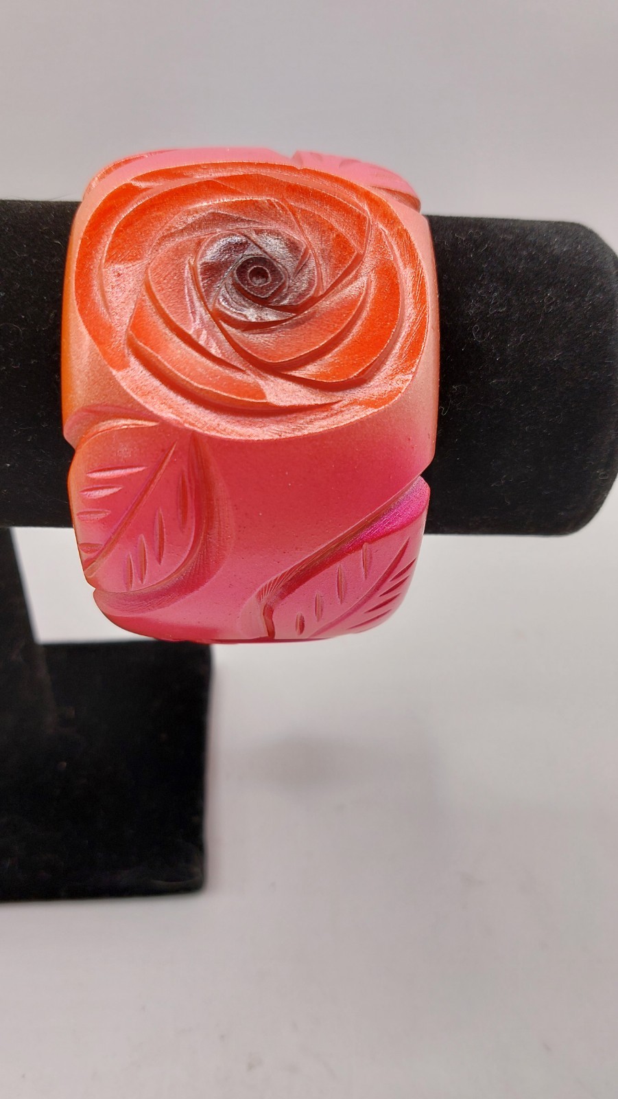 Chunky Carved Bangle Bracelet Roses Leaves Red Pink Orange Coral Shades 2″ Wide