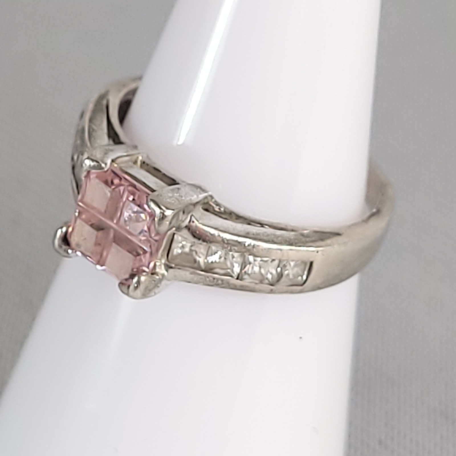 Sterling Silver 925 Pink Princess Cut Glass Ring Size 6 Clear Accents Jewelry