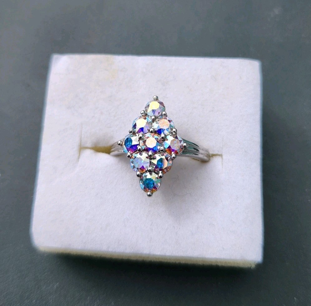 Swarovski Aurora Borealis Crystal Stone Ring Size 7 Platinum Plated