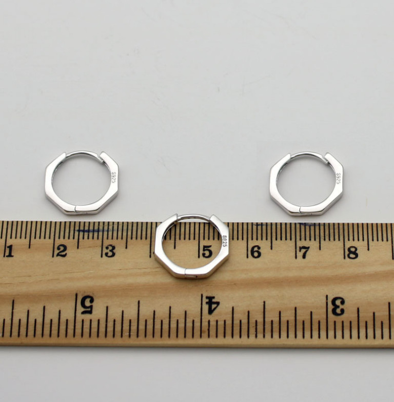 Solid 925 Sterling Silver Octagon Huggie Hoop Earrings Plain 15mm Men Women D25