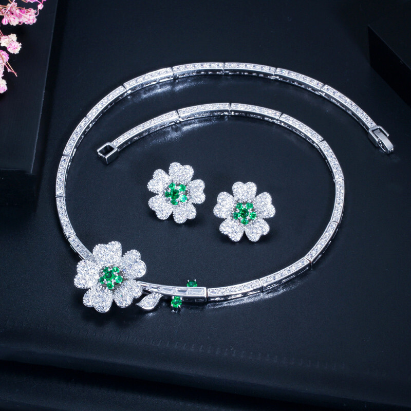 Silver Plated CZ Green Flower Choker Women Party Necklace Earrings Jewelry Set