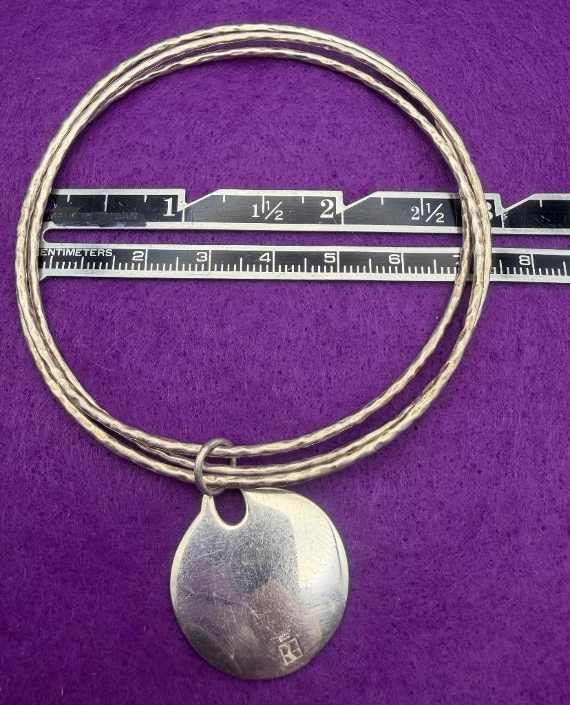 Triple Sterling Silver 925 Bangle Bracelet with Charm Designer Signed 17 grams