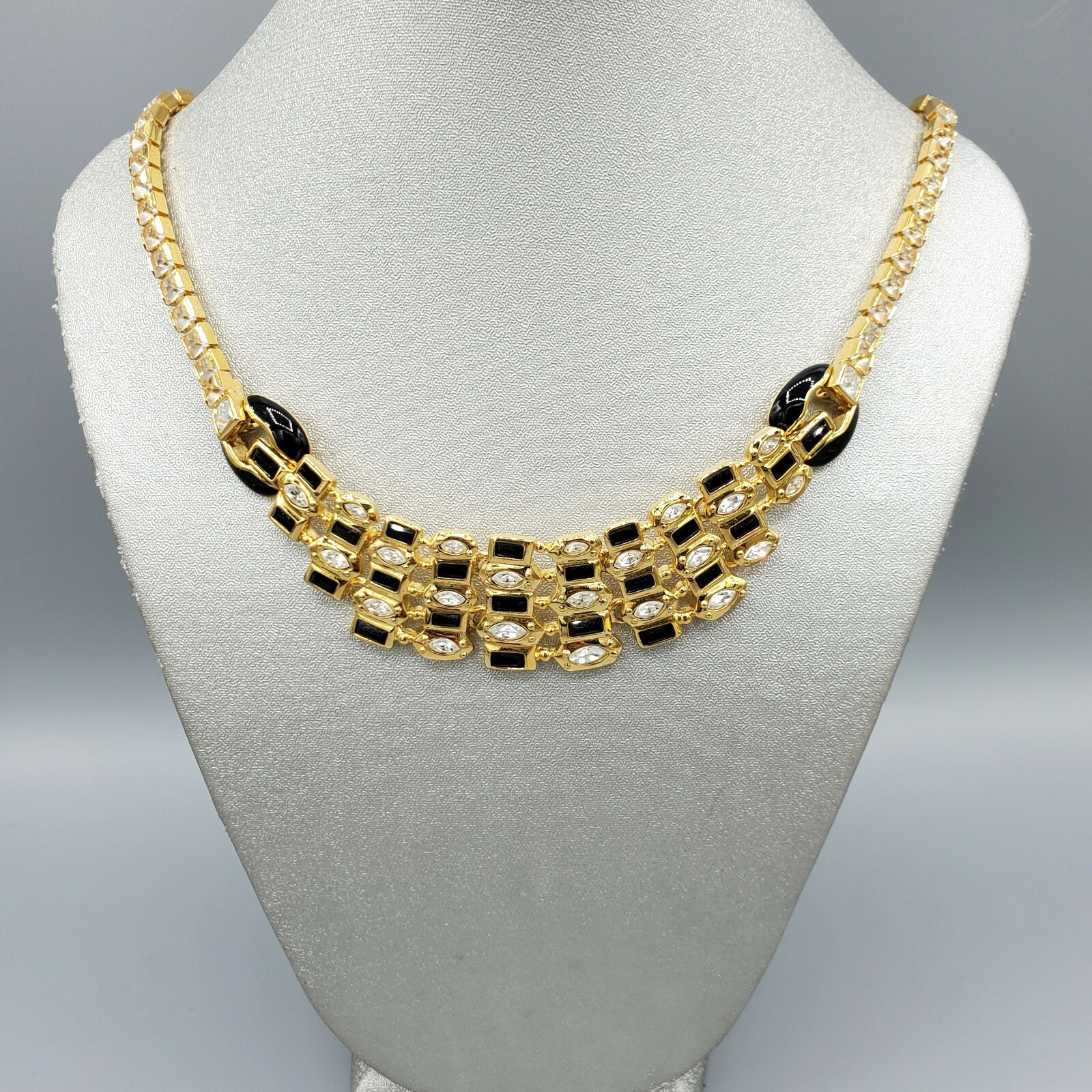 Unsigned Designer Marquise Square Crystal Black Enamel Layered Link Necklace 18″