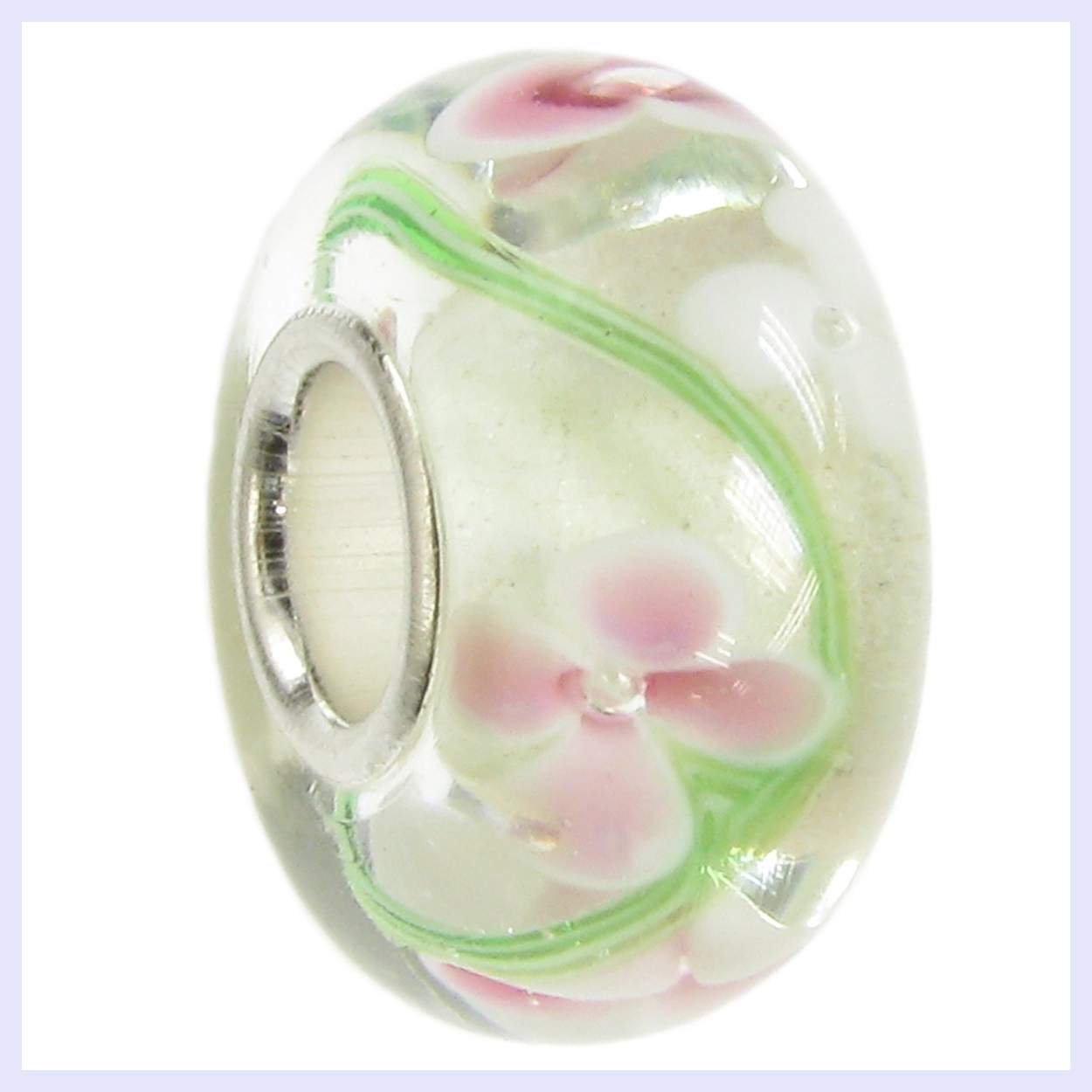 Pink White Flower Glass Bead with Sterling Silver for European Charm Bracelet