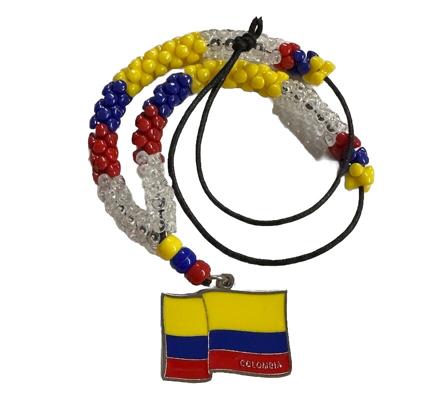 COLOMBIA FLAG COLOR Necklace Pendant With 14” BEADED In Leather String