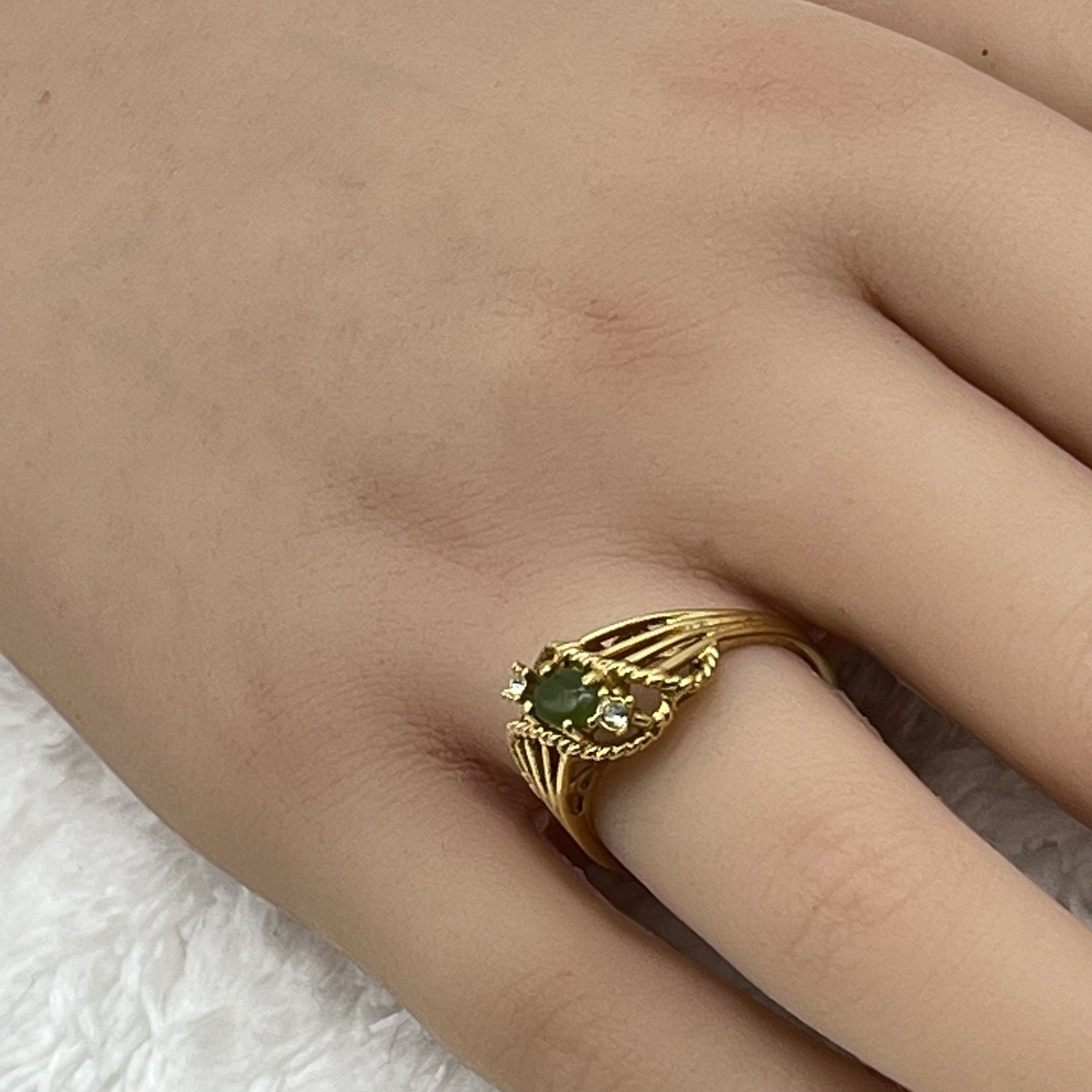 Green Cabochon Cocktail Ring 18K Gold Electroplate Rope Twist Size 8.75