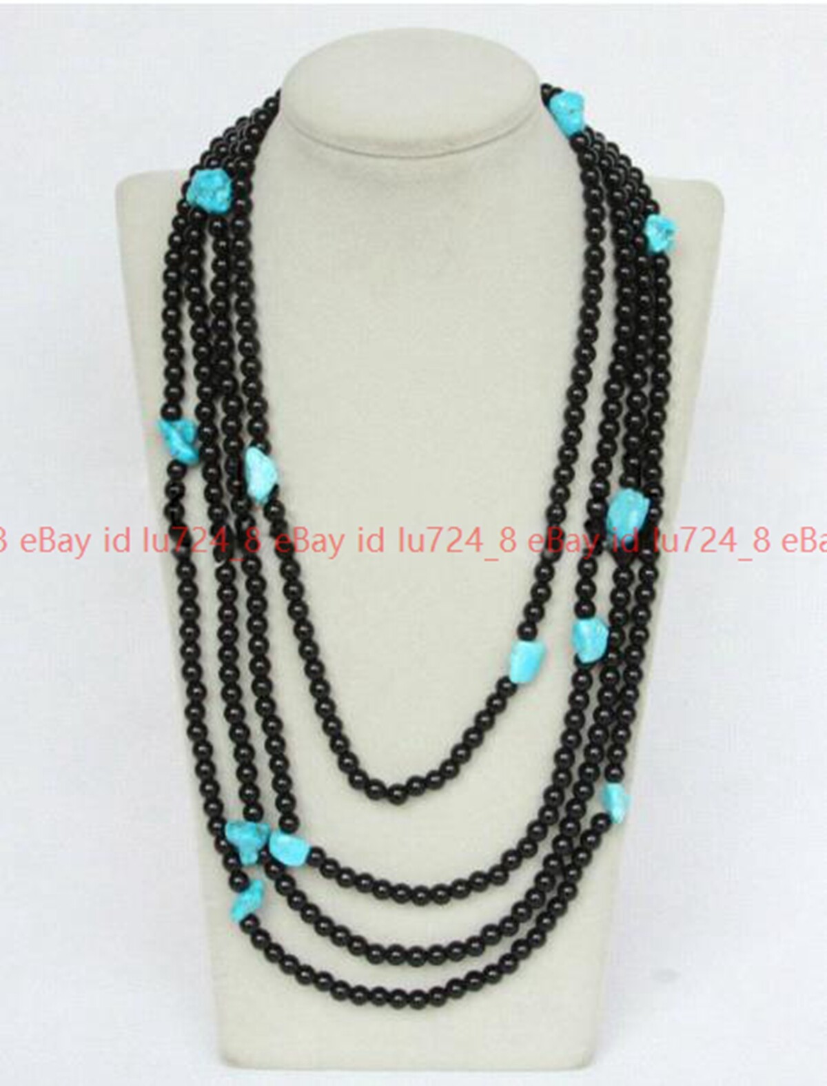 Natural 6mm Black Agate & 11x13mm Baroque Blue Turquoise Gems Necklace 24-100″