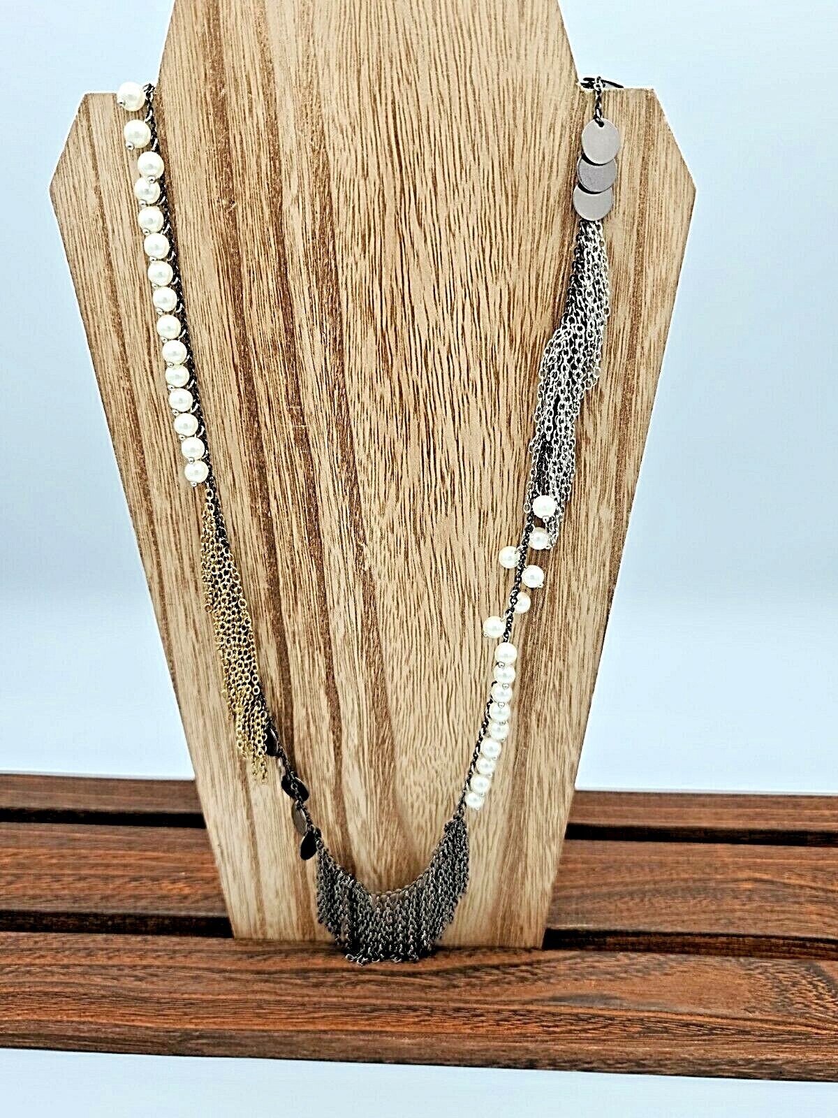 Silver, Gold & Gunmetal Fringe Necklace w Pearl & Disk Accents