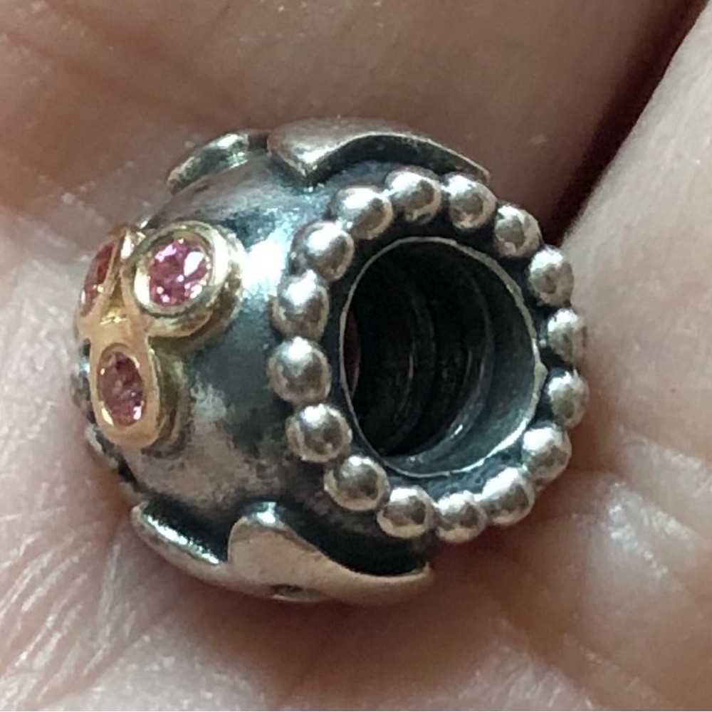 Authentic Retired Pandora Sterling Silver & Gold MOM Charm with Pink Accent