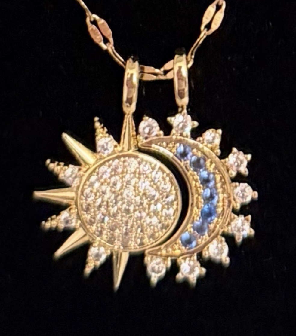 Gold Tone Sun & Moon Pendant Necklace with rhinstones