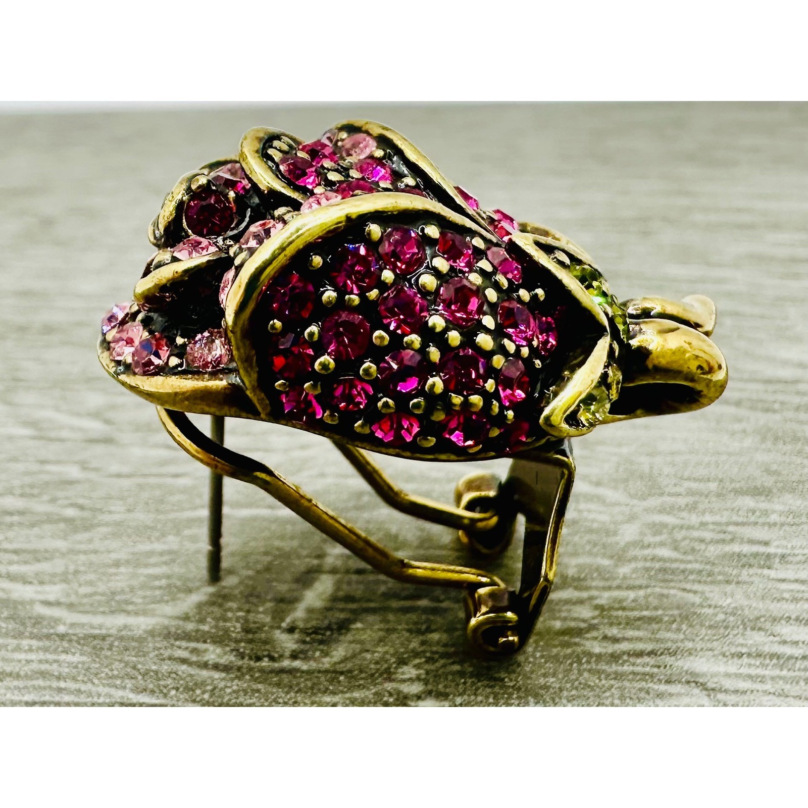 Heidi Daus Rose Bud Crystal Omega Back Earrings Pink Fuchsia Bronzetone Floral