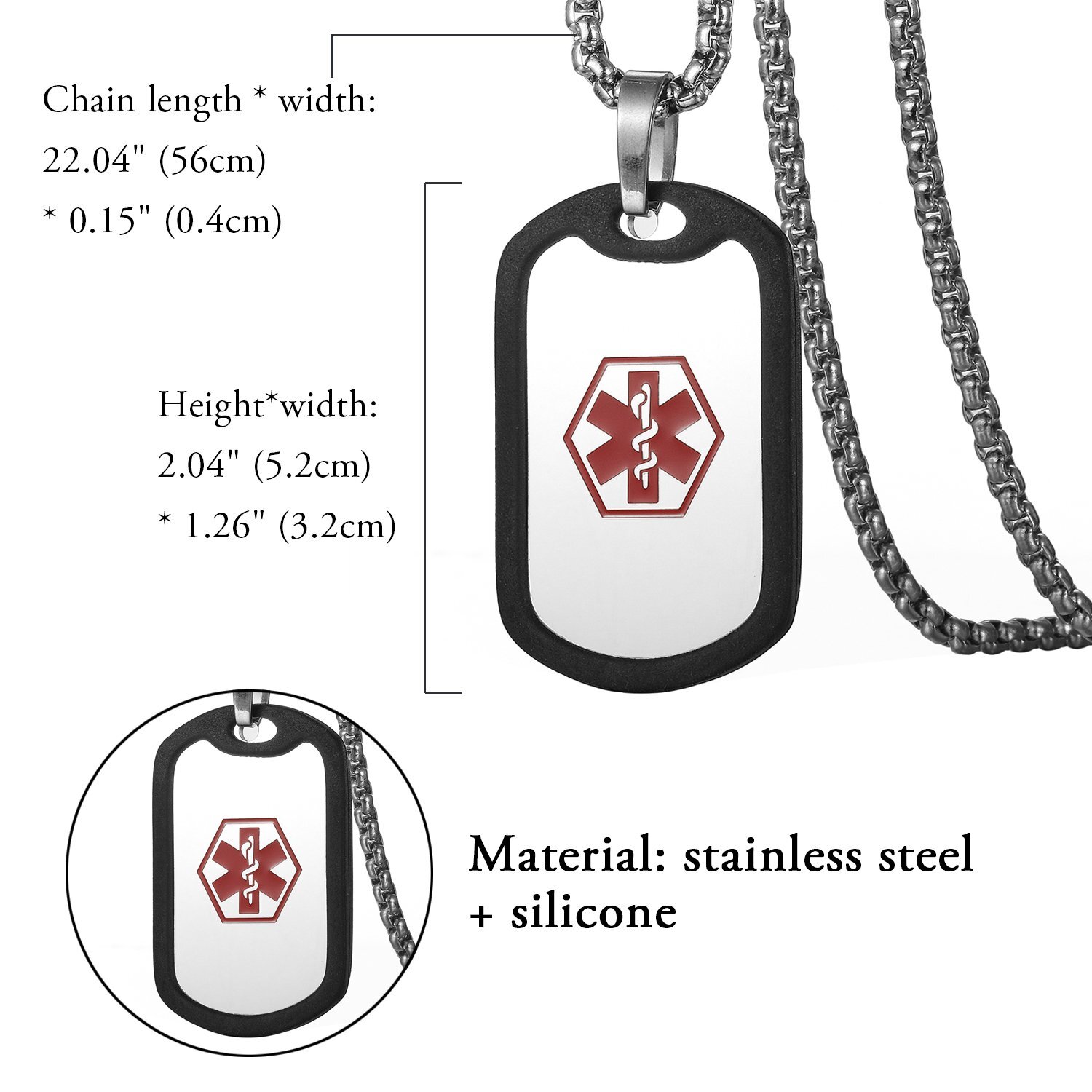 Men Women Medical Alert ID Dog Tag Pendant Chain Necklace Stainless Steel