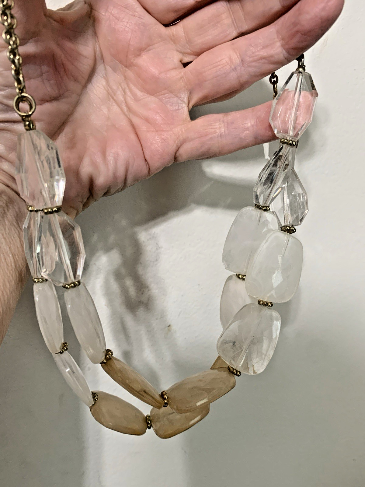Multi-Strand White & Clear Oval Glass Beaded Statement Necklace Lobster Clasp