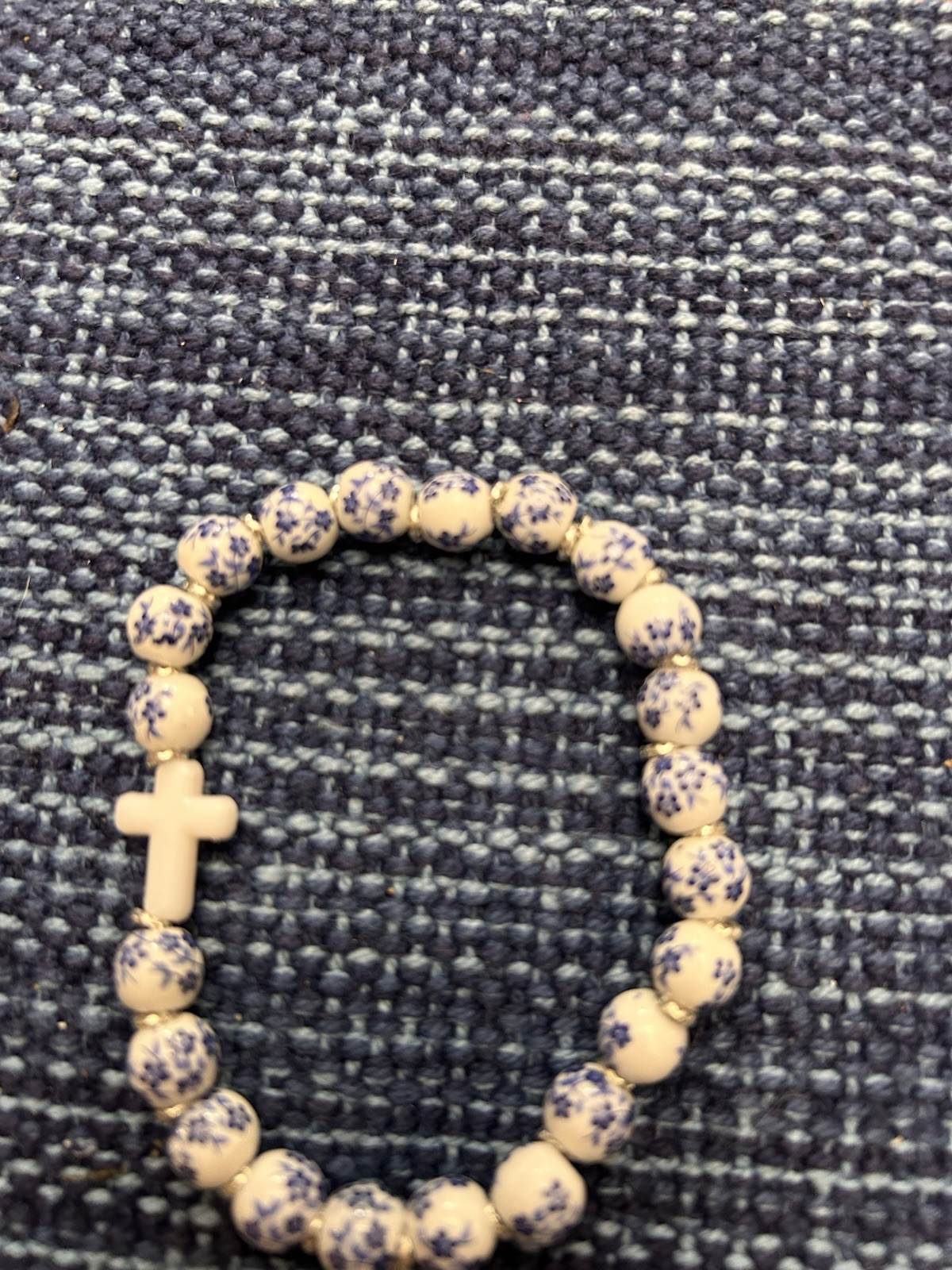 White & Blue Beaded Stretch Bracelet w/Cross Charm Religious Theme