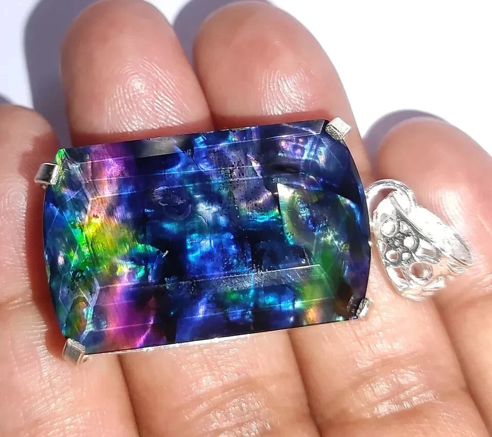 58.15 Ct Natural Ammolite 925 Solid Silver Fancy Shiny Pendant Loose Gemstone
