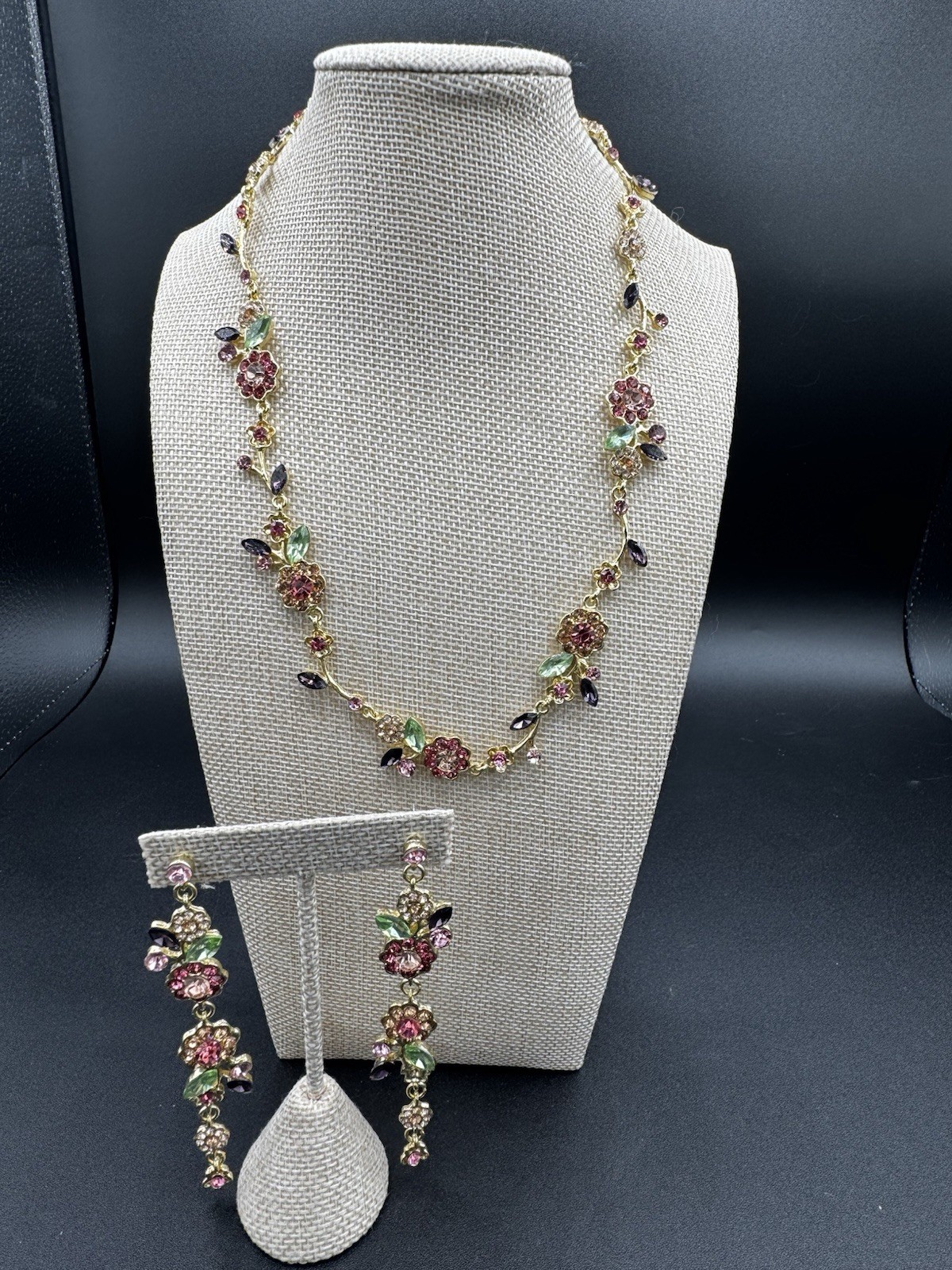 Floral Rhinestone Necklace Earrings Set Pink Green Gold Tone New Flowers New