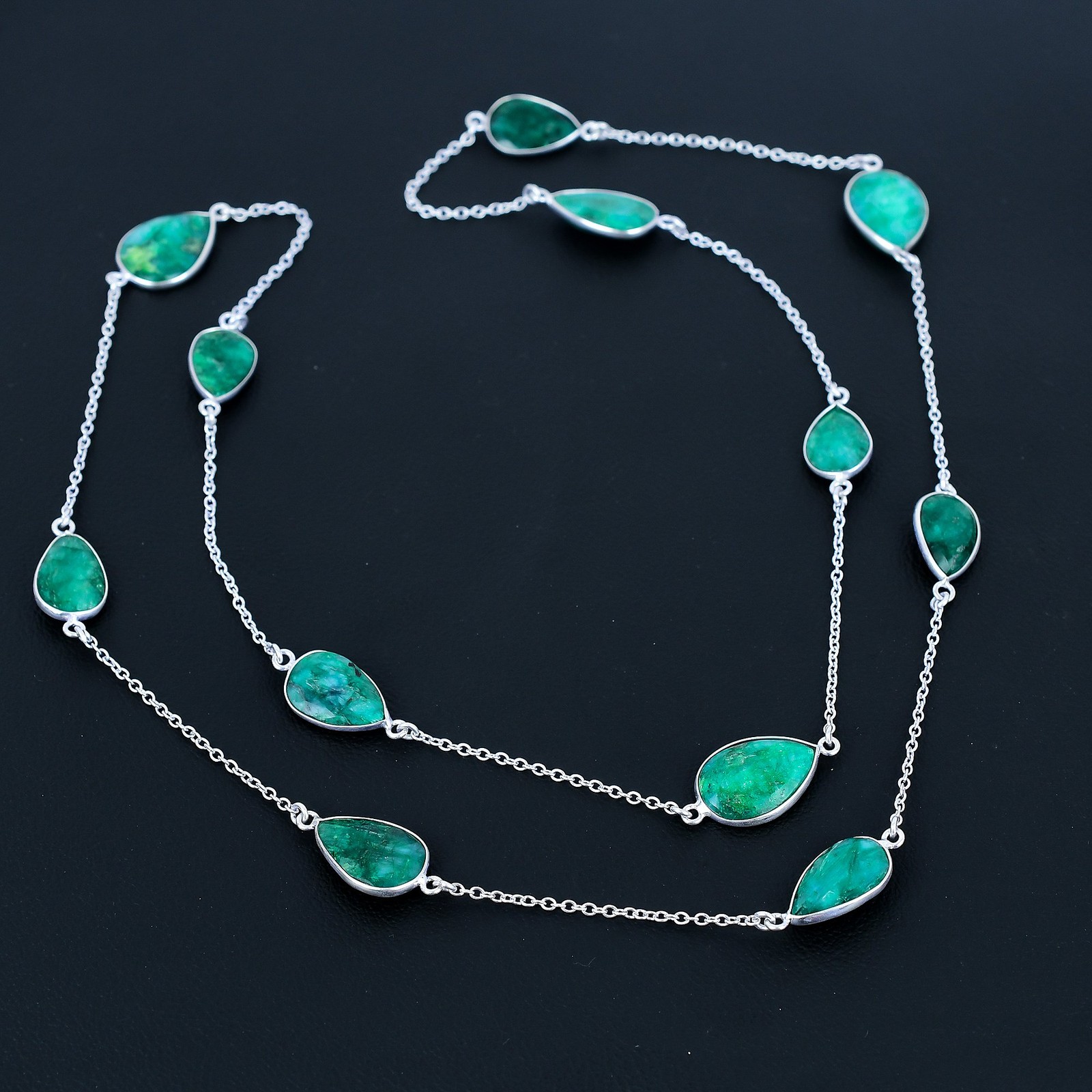 Zambian Emerald 925 Sterling Silver Pear Gemstone Jewelry Necklace 36″ AAB 1050