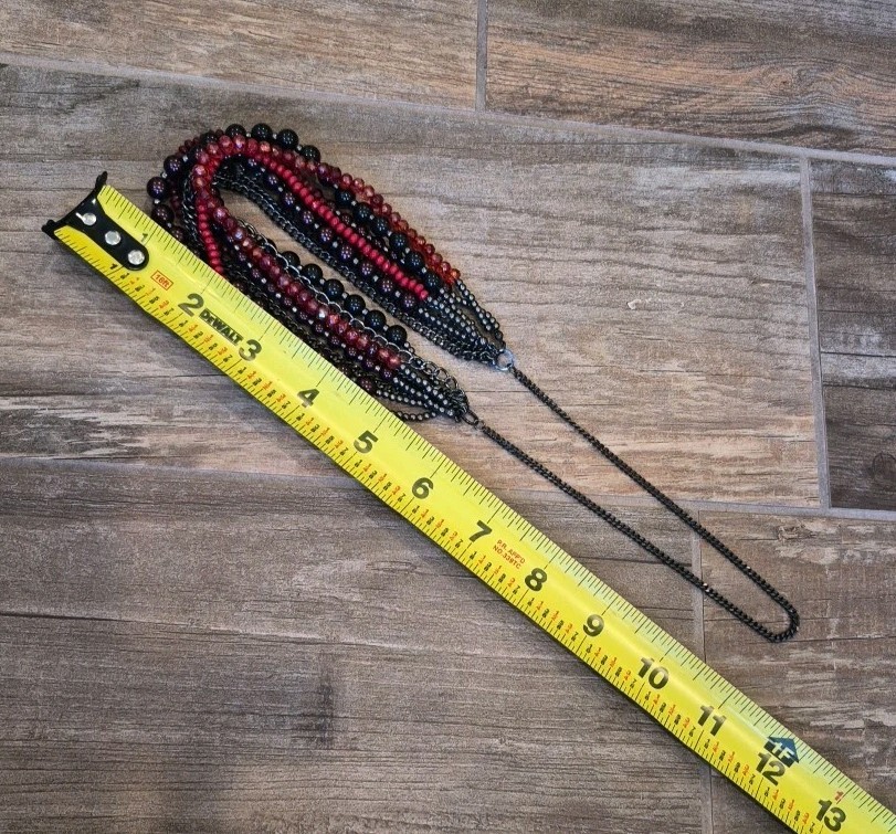 Multistrand Black, Purple, & Red Gunmetal Silver Tone Beaded Chain Necklace