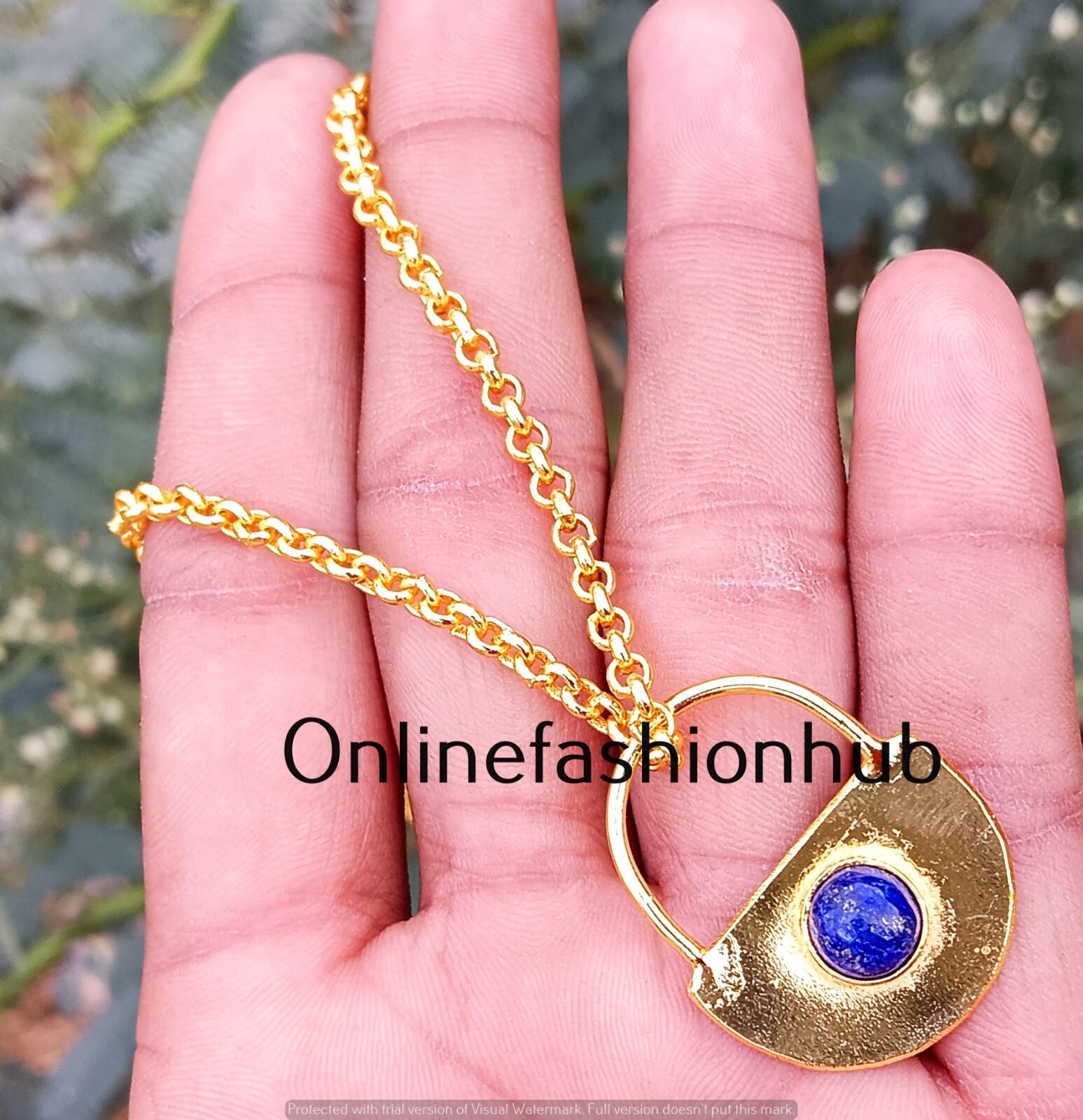 Aesthetic Lapis Lazuli Yellow Gold Polish Handmade Lock 1 PC Pendant With Chain