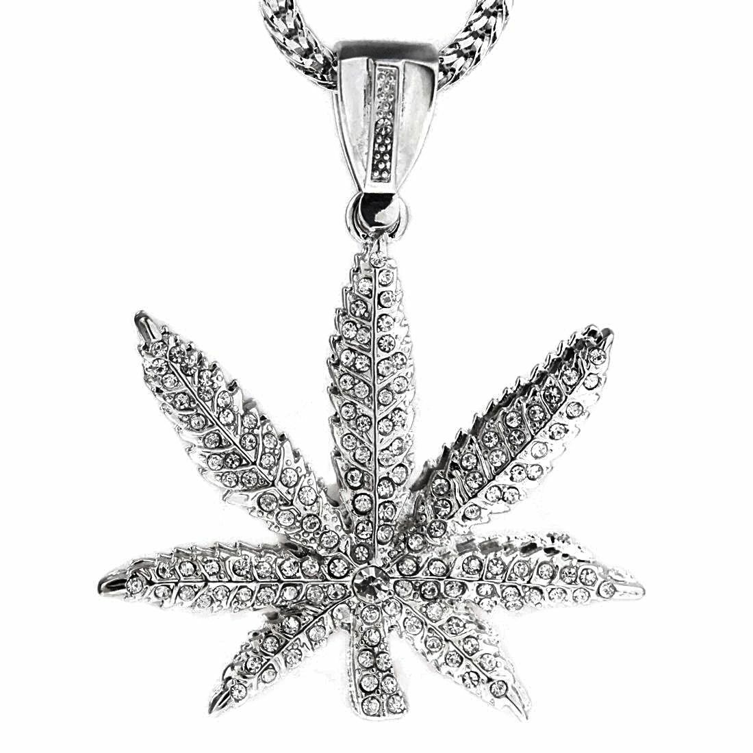 Marijuana Leaf Hip Hop Chain Weed Kush Pendant Charm Silver Tone 36″ Inch Franco