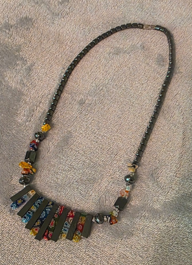 18 inch Bib Style Statement Necklace, Gunmetal stones and colorful Italian Glass
