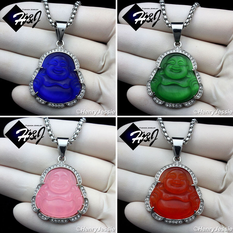18″-36″MEN Stainless Steel 3mm Silver Box Link Chain BUDDHA Rhinestone Pendant