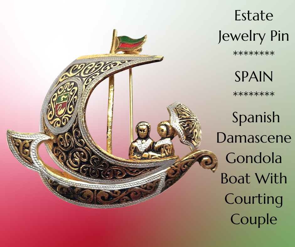 Estate Jewelry Pin-SPAIN-Spanish Damascene Gondola Boat W/Courting Couple