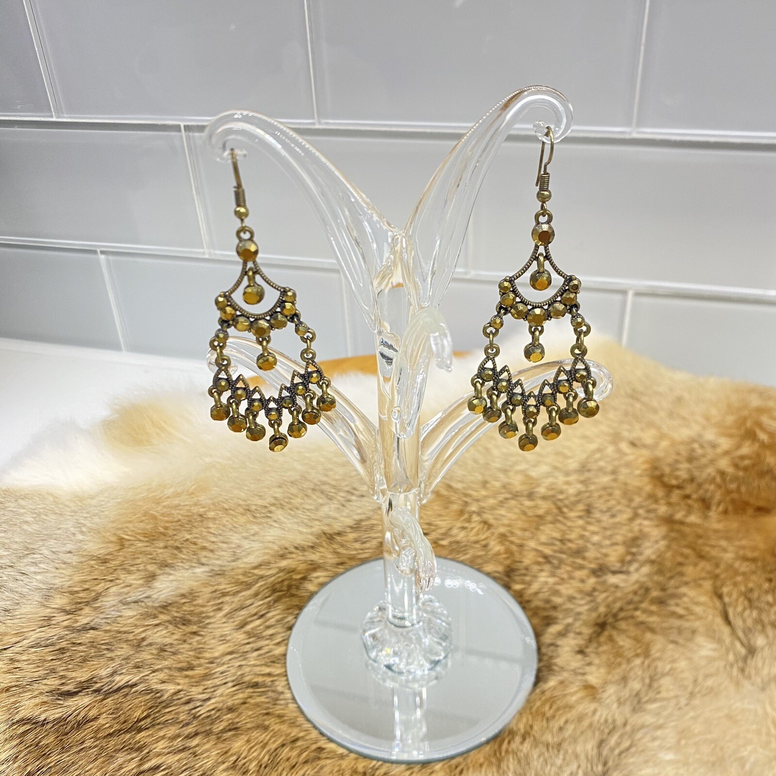 Beautiful Bohemian Drop Bronze Color Chandelier Earrings with Gold/Amber Stones